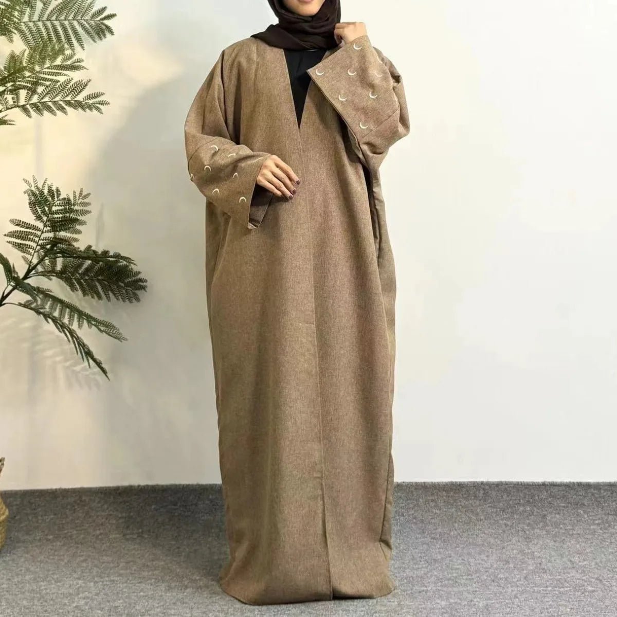 Lose Kaftan muslimischen Abayas Frauen islamische Kleidung Mond Stickerei offene Front Abaya Langarm Maxi Länge Kleid Frauen Jilbabs