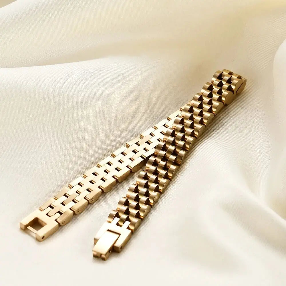 VQYSKO Trendy Minimalist Stainless Steel Gold Color Plated Watch Strap Bracelet for Women/Men Jewelry Gifts Couple Bracelet.