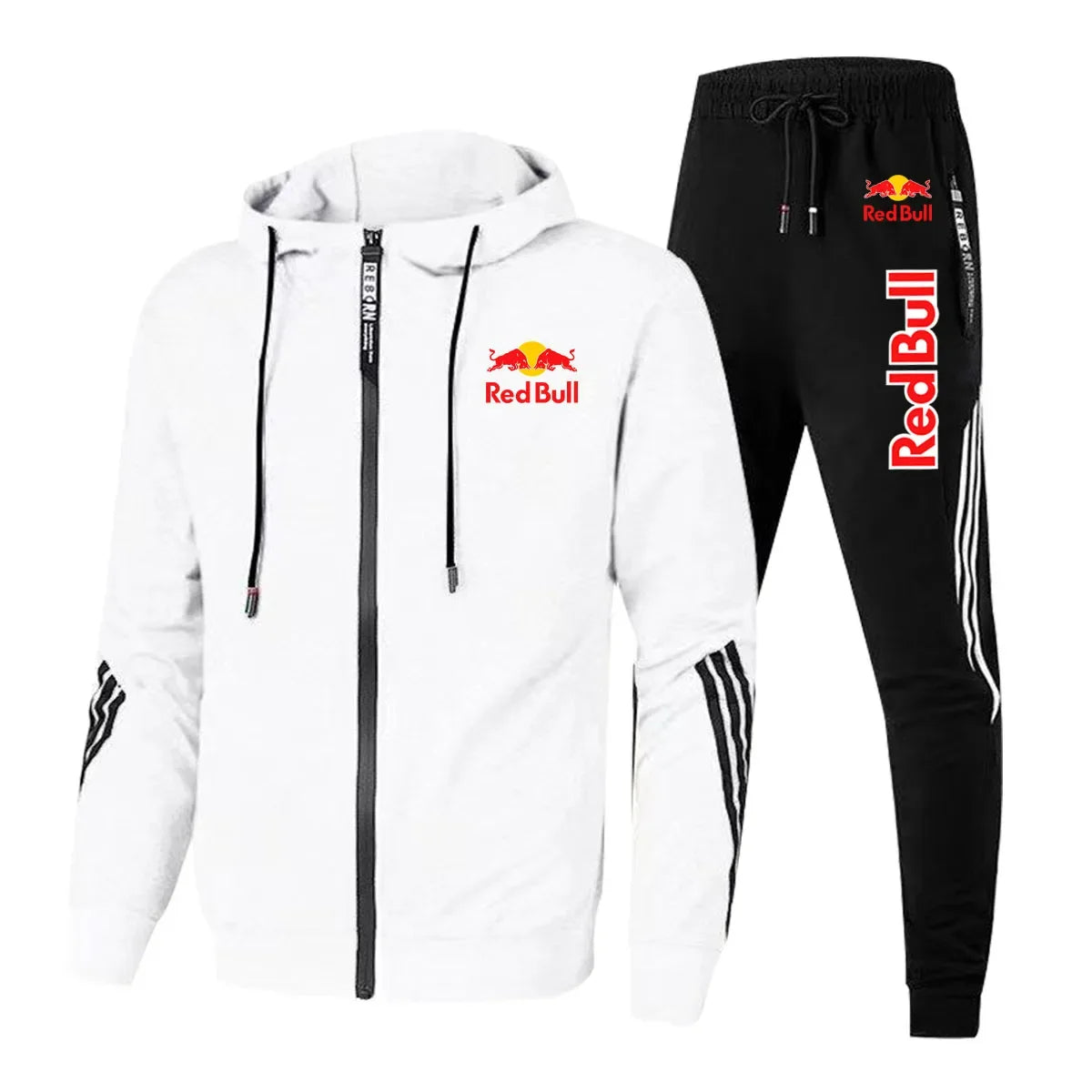 2025 Red Bull Brand Logo Printed Men's Zipper Hoodie With Casual Trousers Cycling Sports Two-piece Solid Color Simple Men's Suit.