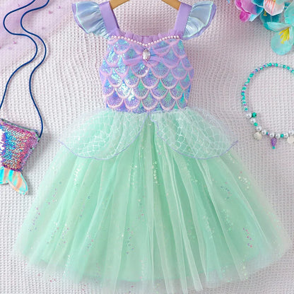 Mädchen Prinzessin Kleider Meerjungfrau Motto Party Sling Mesh Rock Pailletten Leistung Kostüm Geburtstag Kinder Kleidung Perle Säuglings Kleid