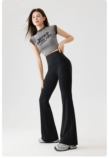 BIVIGAOS Naked Feeling Back Waist Pocket Sharkskin Micro Flared Leggings Women's Tight Sexy Sports Fitness Yoga Casual Pants.