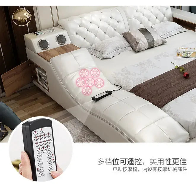 Premium Tech Smart Multifunktions-Bettgestell mit echtem Leder, Bluetooth-Lautsprecher