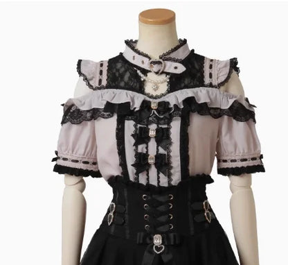 Rojita Stil Spitze Kragen Lolita Hemd Mode frauen Tops Sommer Nette Süße Bogen Schulter Slim Fit Kurzarm Blusen weibliche