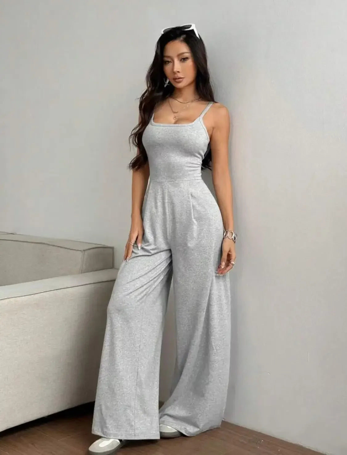 Fashionable Solid Color High Waist Bell Bottom Jumpsuit Backless Strap Casual Women's Long Pants One Piece Suit Female