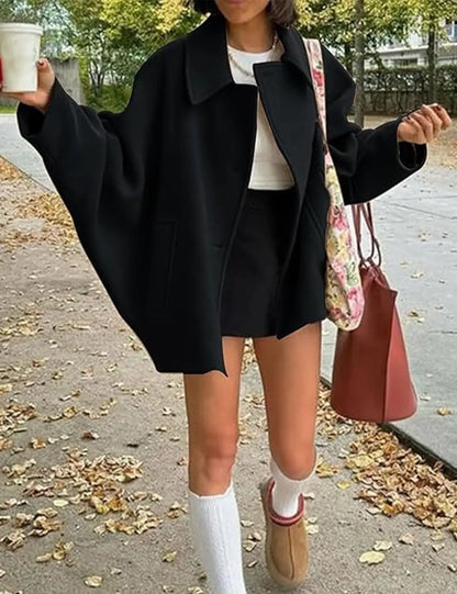 ZBZA Damen Schräge Knopf Lose Fledermausärmel Jacke Mantel Revers Langarm Doppeltasche Warm Solide Farbe Vintage Oberbekleidung Herbst Winter Neue Weibliche Chic Mantel.