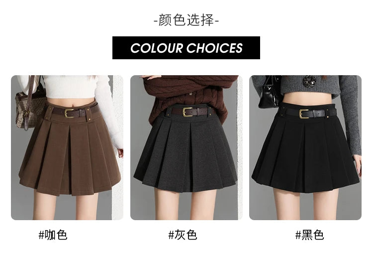 Preppy Style Coffee Woolen Skirt for Women Autumn Winter 2025 Chic High-waisted Mini Skirt Female Korean Thick Outwear Faldas.