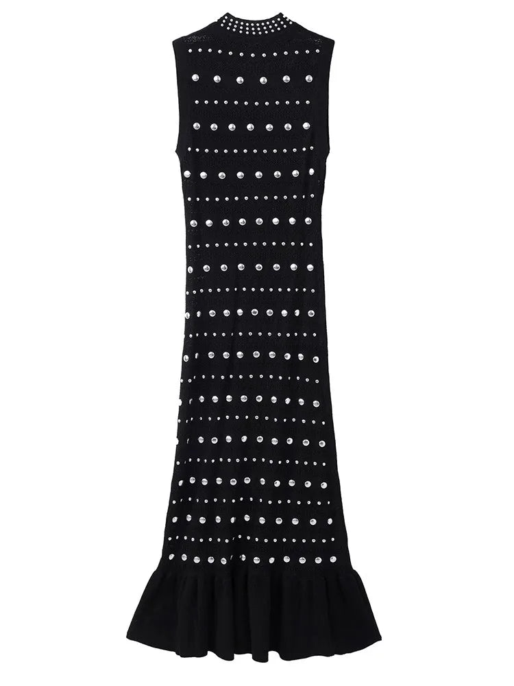 Gestricktes Kleid im europäischen und amerikanischen Design für Damen, Frühling/Sommer, Rundhalsausschnitt, heiße Perlen, einzigartiger, schlankmachender langer Stil.