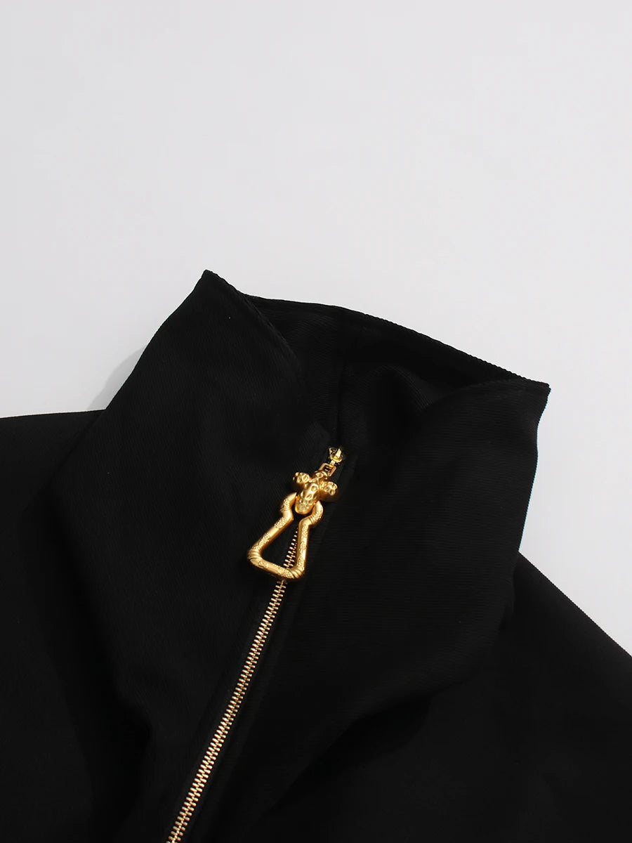 TWOTWINSTYLE Solid Loose Spliced Zipper Fashion Jackets for Women Lapel Long Sleeves Patchwork Lace Up Casual Jacket Female New.