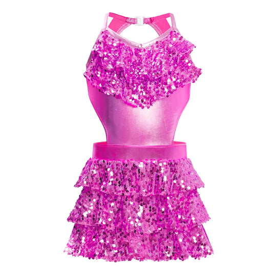 Kinder Mädchen Pailletten Jazz Ballett Tanzkleid Ärmellos Ausschnitt Tiered Rüschen Trikot Salsa Samba Rumba Skating Performance Kostüm