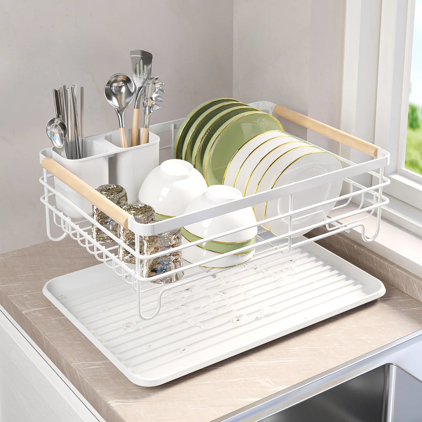 Countertop Kitchen Single-layer Plate Shelf Drain Bowl Rack Multi-functional Tableware Metal Storage Rack.