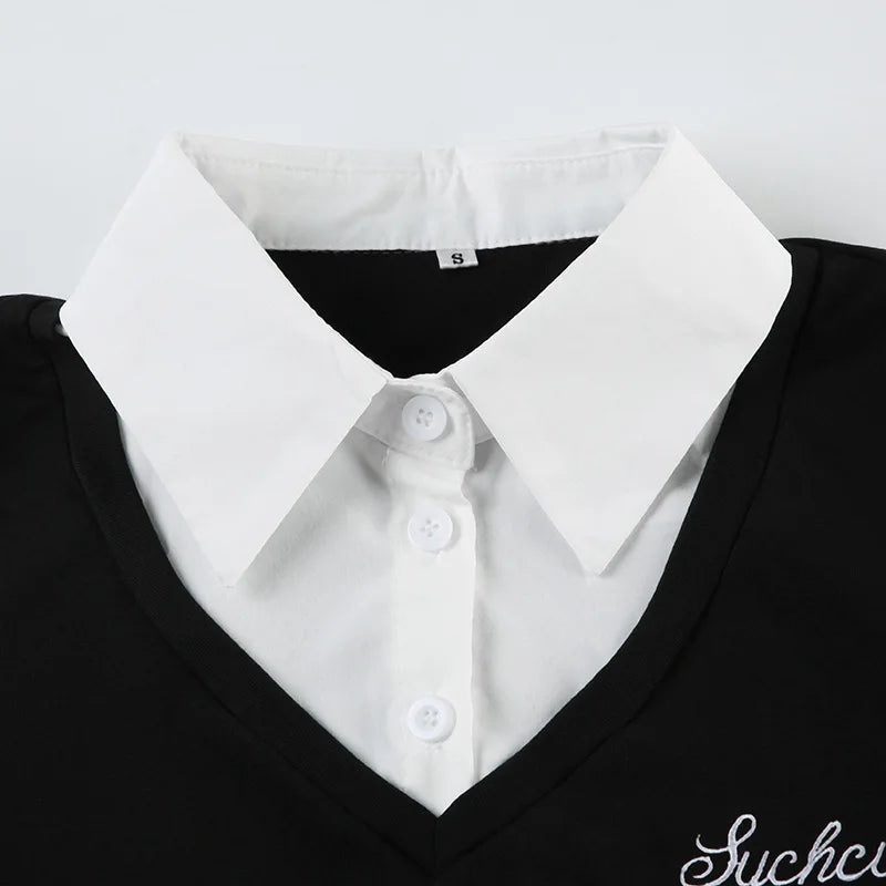 Fashionable and minimalist college style contrasting color lapel fake two piece T-shirt versatile short sleeved top