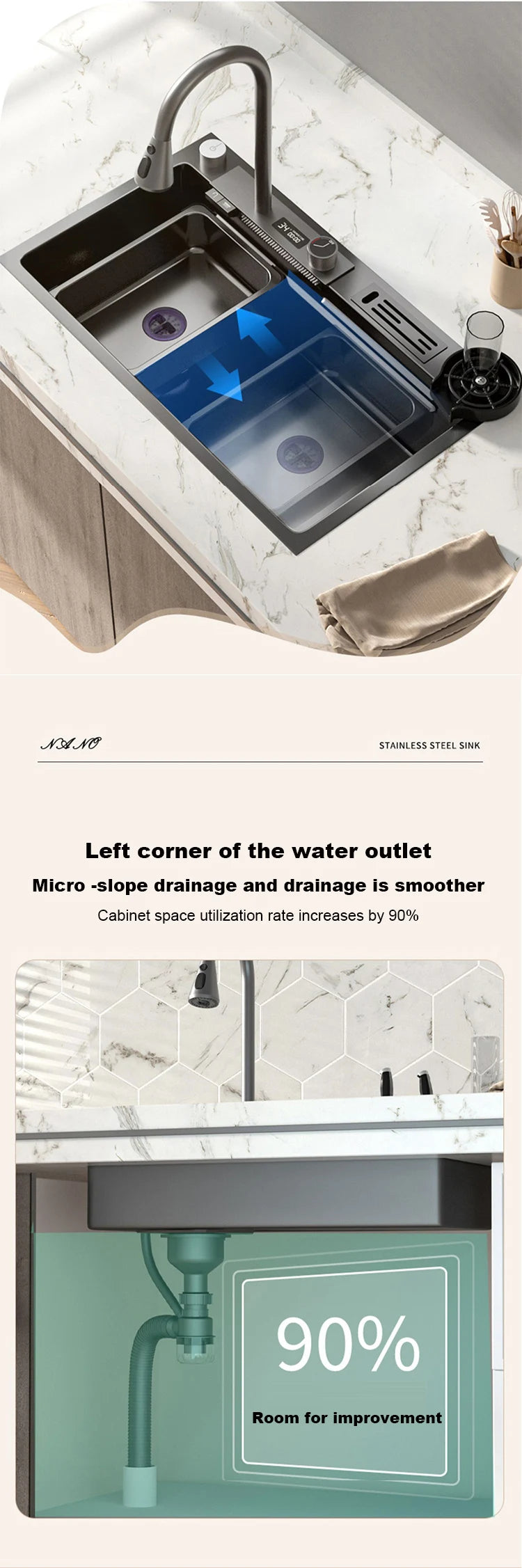 Küchenspüle, Wasserfallspüle aus Edelstahl, Digitalanzeige, große Einzelschüssel mit Multifunktions-Wasserfall-Wasserhahn, Waschbecken