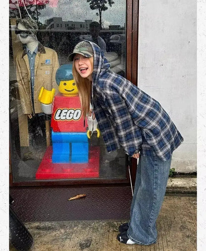 HOUZHOU Vintage Plaid Shirts Women Harajuku Long Sleeve American Style Drawstring Hooded Blouses Loose Casual Streetwear Spring.