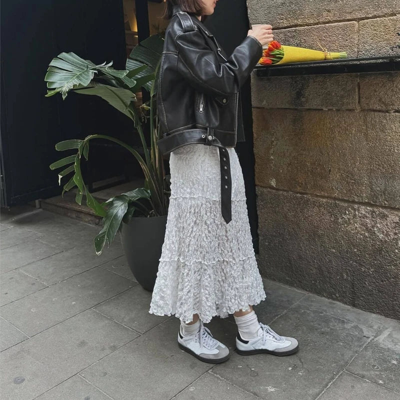 Maemukilabe Vintage Lace Midi Skirt Floral Sheer See-Through Irregular Hem A-line Skirt Fairy Streetwear Chic Women Long Skirt.