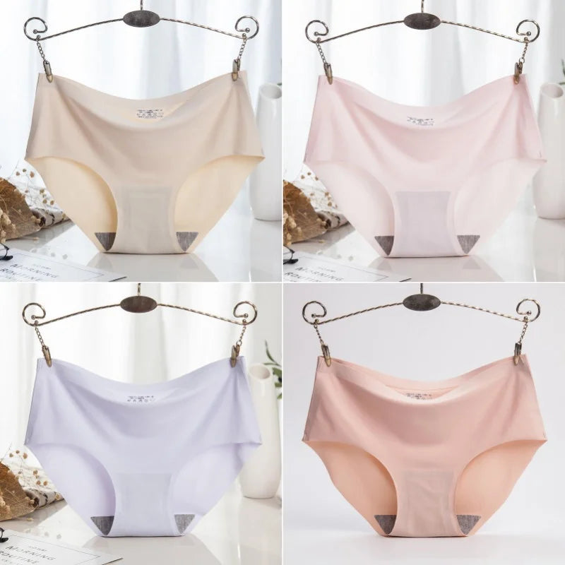 4PCS/Set Plus Size Women's Panties Solid Seamless Underwear Comfortable Breathable Ice Silk Sexy Lingerie Intimates Underpants