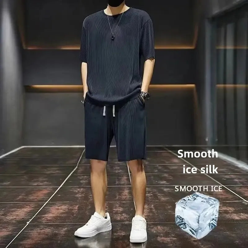 High-End Ice Silk Men's Sports Suit Casual Home Use Long Pants Short Sleeves Quick Drying Top Set Summer Collection.