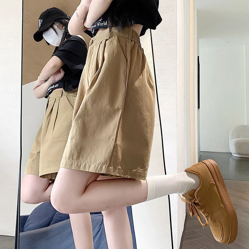 2025 Summer Women Casual Daily Khaki Short Pants Female High Waisted Cargo Shorts Girls Retro Baggy Wide Leg Slacks.