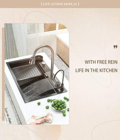 Waterfall Sink Kitchen Stainless Steel Topmount Sink Large Single Slot Wash Basin With Multifunction Touch Waterfall Faucet