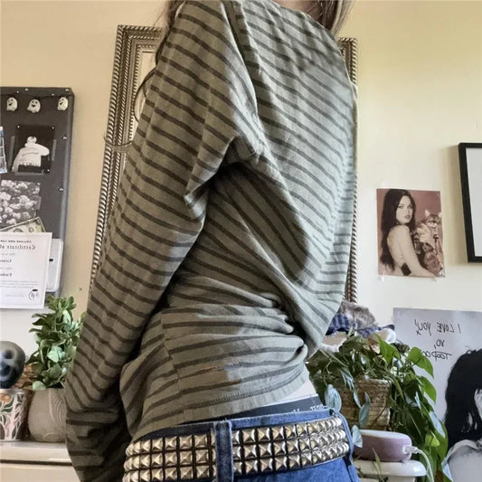 Y2k Teen Striped Long Sleeve T-Shirts Fairy Grunge Print Baggy Tops Vintage Harajuku 2000s E-Girl Shirts Vintage Streetwear.