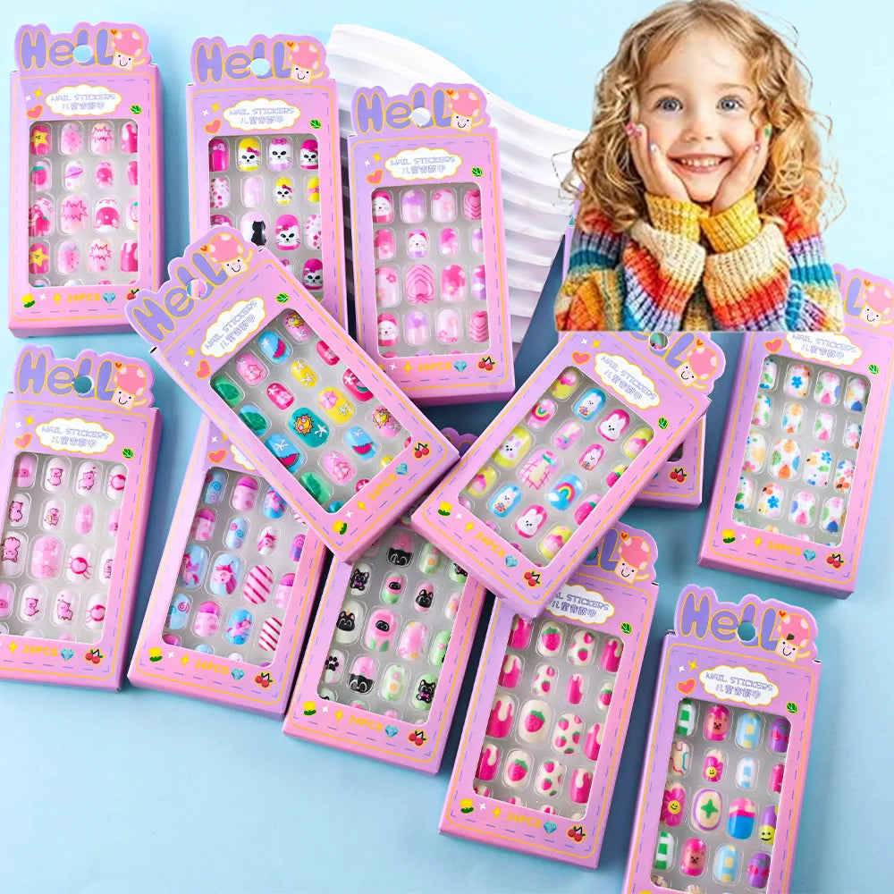 24Pcs/box Kids nails for Girl Cartoon Pattern False Nail Cute Child Fake Nails Tips Kawaii Acrylic Artificial Press on Nail+Tool.
