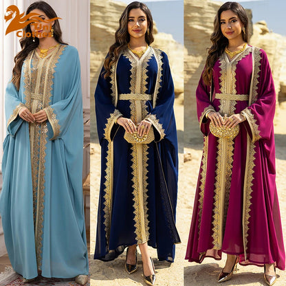 Uni Ramadan Sequins Dubai Abayas Arab Tunics Batwing Sleeve Dresses For Women Gala Two pieces Moroccan Elegant Kebaya.