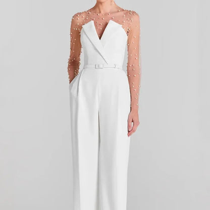 Elegant Women Slim Fit Bodysuit Rompers Pearls Beaded Patchwork One Piece Jumpsuit Causal See-through Tulle Long Sleeve Playsuit.