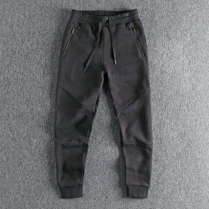 Autumn Winter American Retro Thick Sweatpants With Velvet Men's Pure Cotton Washed Heavyweight Knitted Sports Ankle-tied Pants.