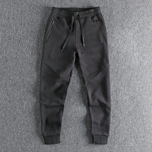 Autumn Winter American Retro Thick Sweatpants With Velvet Men's Pure Cotton Washed Heavyweight Knitted Sports Ankle-tied Pants.