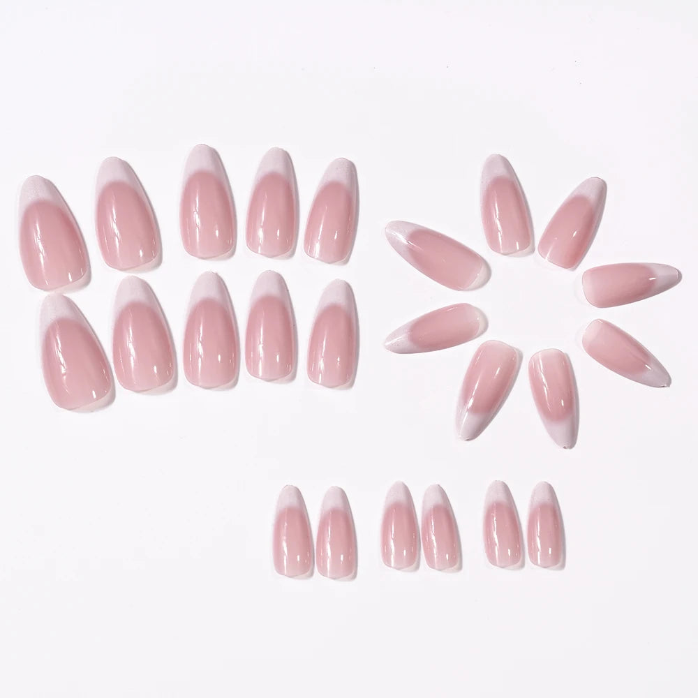 24pcs(+Tools) Pearl Bow Nude Pink Press On Nails White French Fingertips Almond Full Cover Fasle Nails New Year Nail Accessories.