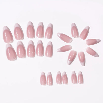 24pcs(+Tools) Pearl Bow Nude Pink Press On Nails White French Fingertips Almond Full Cover Fasle Nails New Year Nail Accessories.