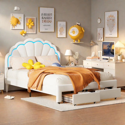 Rosahqnda gepolsterter Bettrahmen mit blumenförmigem Kopfteil, Bettrahmen, Einzelbett, Blütenblattbett, Jugendbett für Jungen und Mädchen