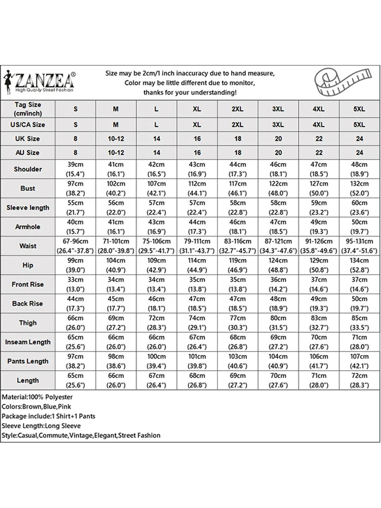 Fashion Women Two Piece Outfit ZANZEA Long Sleeve Top 2025 Autumn Casual High Waist Long Pants Sets Solid 2PCS Suits Tracksuit.