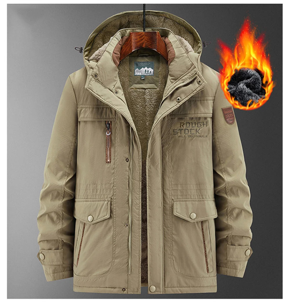 New Autumn/Winter Men's Fleece-Lined Thickened Cotton Coat Casual Vintage Workwear Jacket with Detachable Hood Multiple Pockets.