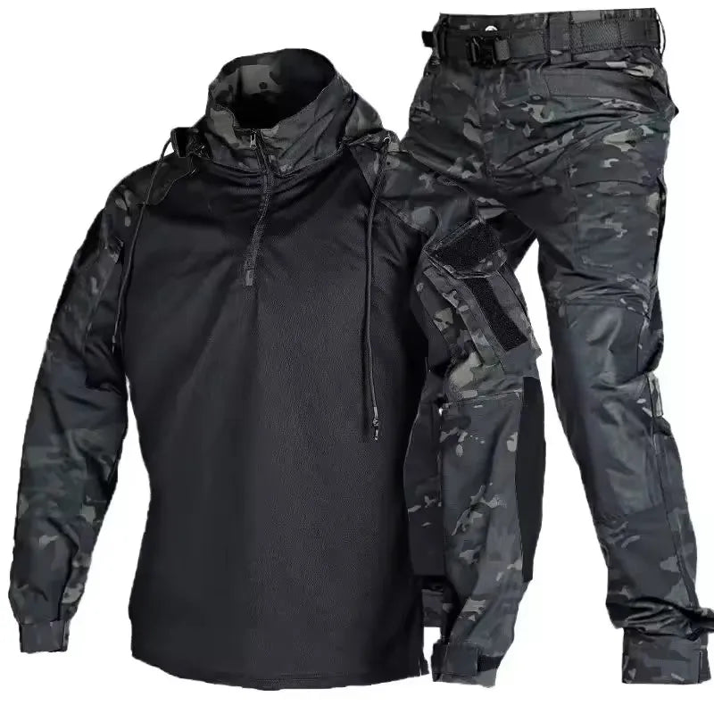 Outdoor Uniform Tactical Suits Wear Resistant T-Shirt Hood Pants Men Clothes Combat Shirts Airsoft Paintball Hunting Clothing.