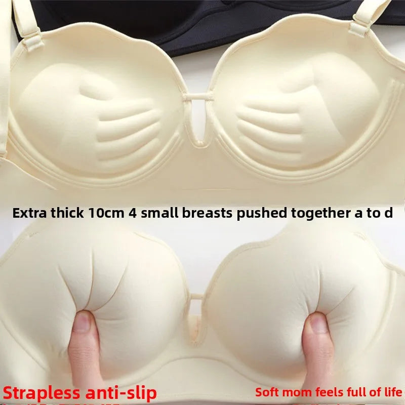 10cm Push Up Strapless Bra Extreme Lift for Small Bust Anti-Slip Silicone Grip Seamless Invisible Design Adhesive Free Plunge.