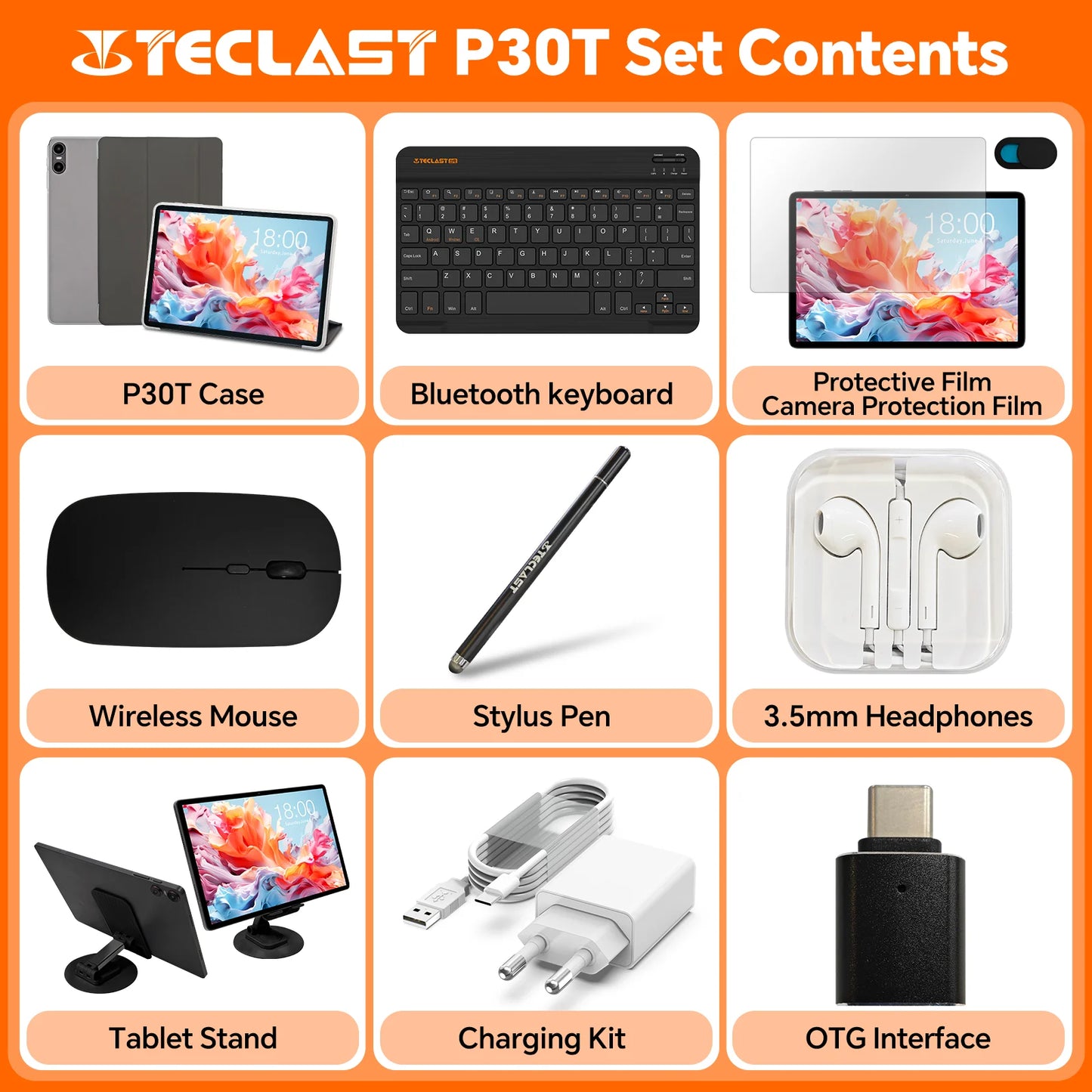 Teclast P30T Set 10.1" Tablet Android 14 T606 8-core Max 12GB RAM 128GB ROM 6000mAh Keyboard/Case/Mouse/Stylus/Headphone/Stand.