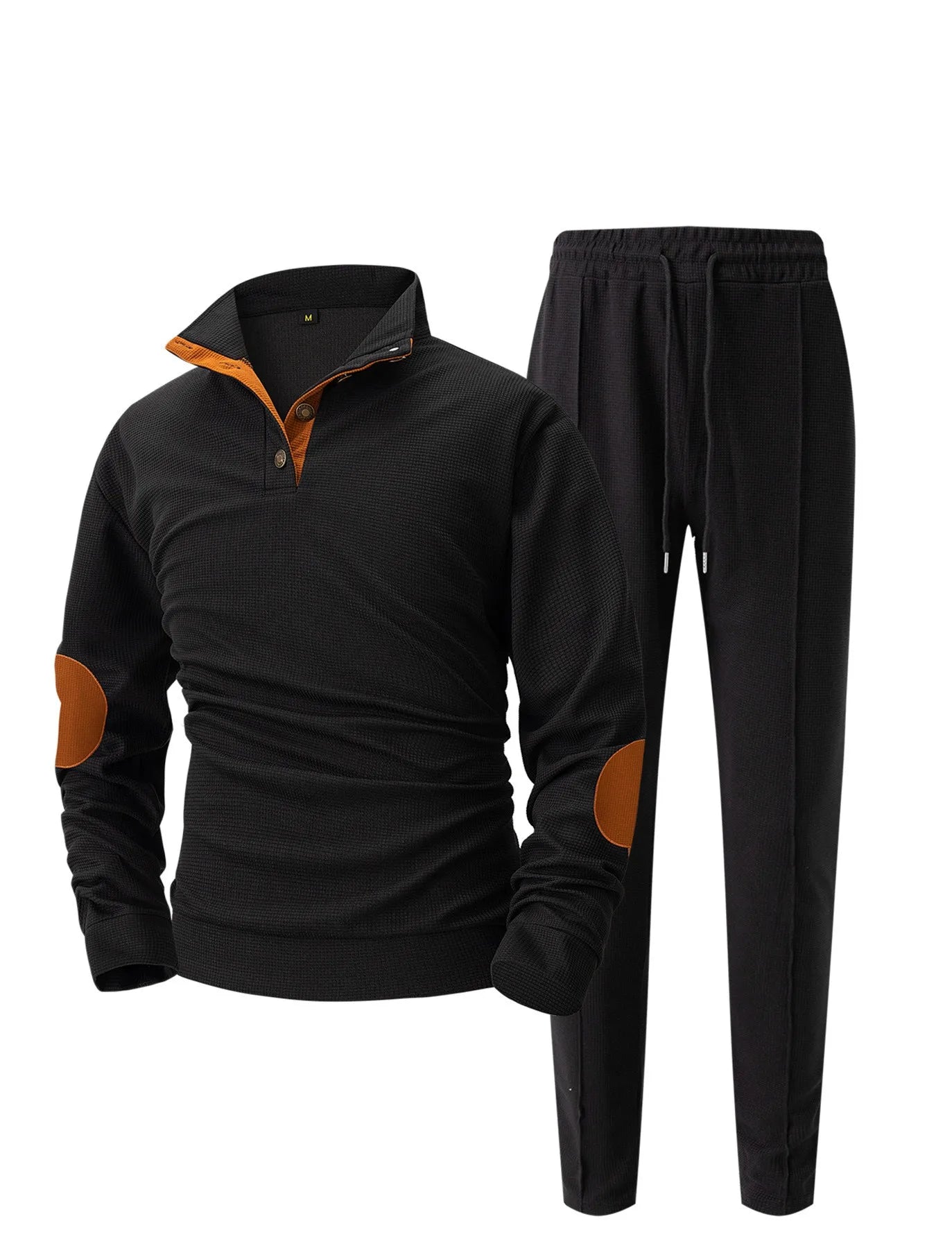 Men's new autumn style American stand-up collar button elbow patch color-block long-sleeve hoodie and pants set.