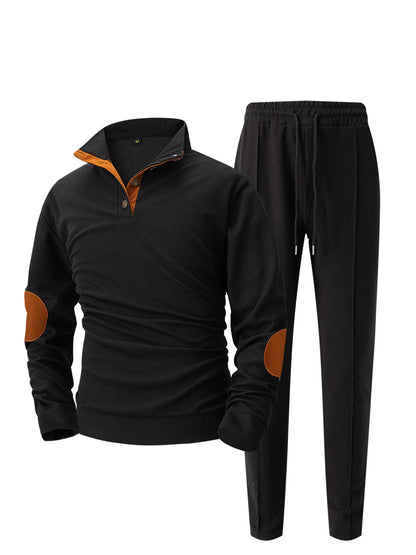 Men's new autumn style American stand-up collar button elbow patch color-block long-sleeve hoodie and pants set.