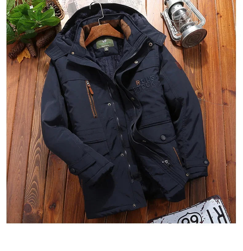 Winter Fleece Long Jacket Men Casual Thicken Warm Cotton Padded Jackets Man Fashion Hooded Outdoor Windproof Parkas Snow Coat.