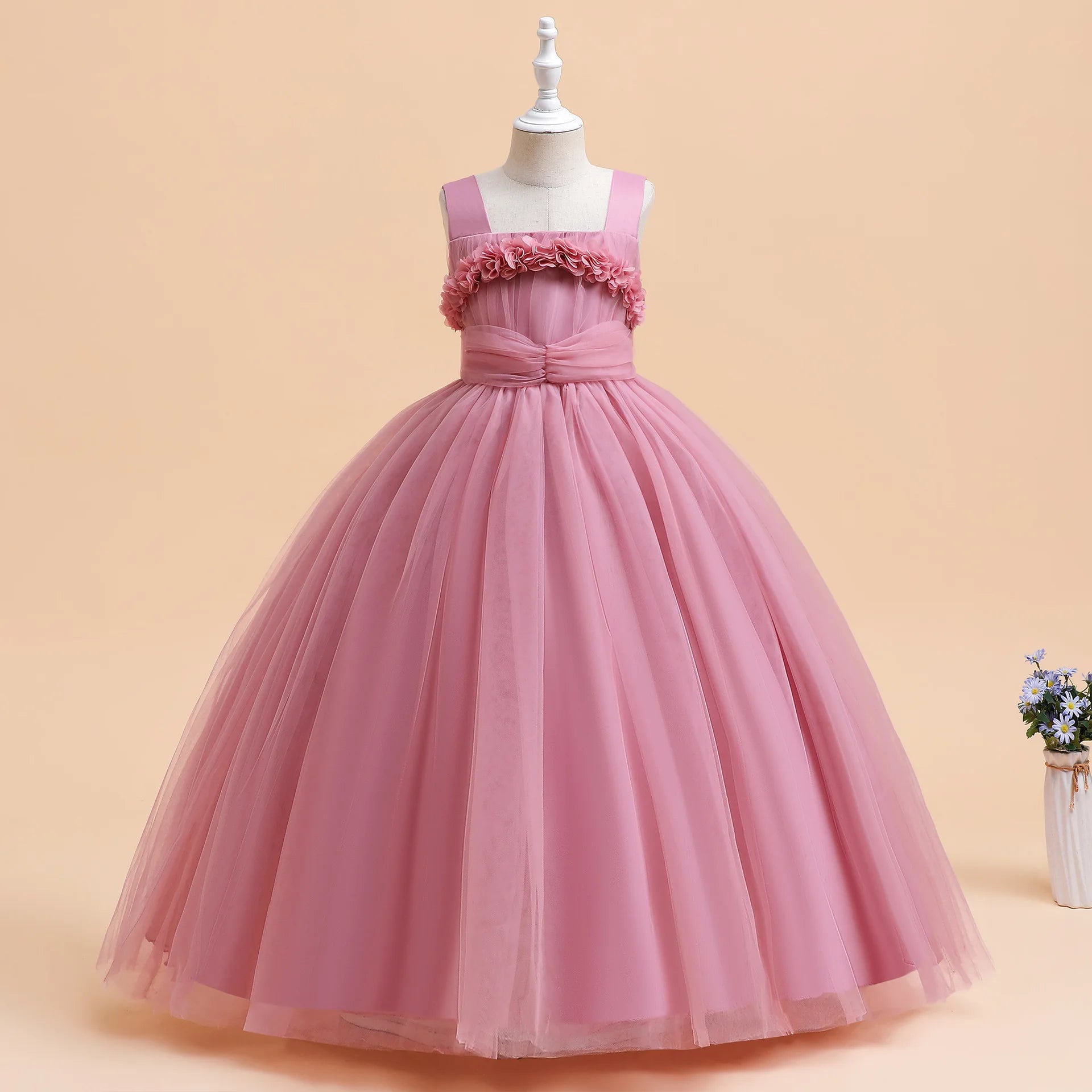 Mädchen Partykleider Weiß Langes Hochzeit Brautjungfer Prinzessin Kleid Abend Tüllkleid Abschlussball Klavier Performance Kleid.