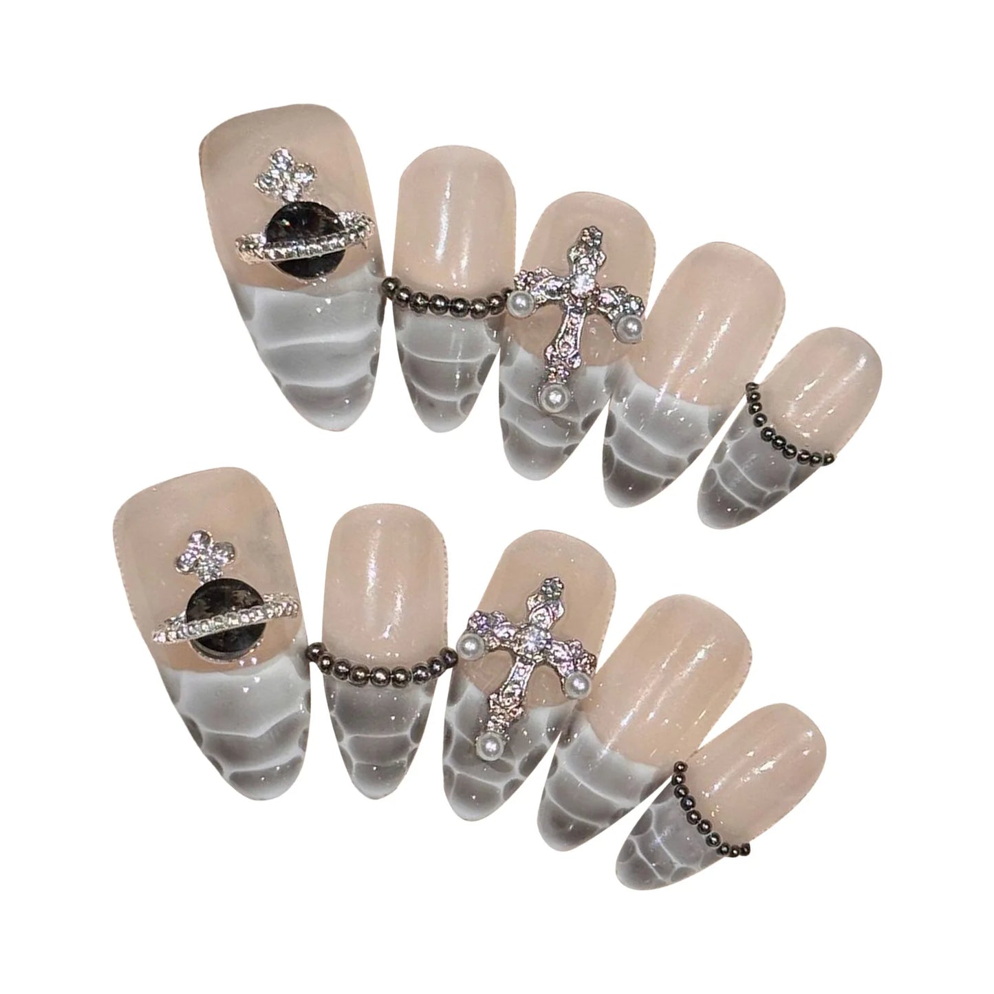 10pcs Handmade Almond False Nails Black White Alligator Print French Style Press On Nail Diamond Cross Design Wearable Fake Nail.