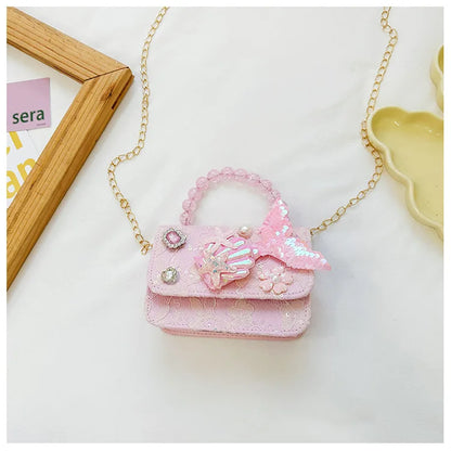 Lovely Sequin Girls Square Shoulder Bag Fish Tail Starfish Princess Crossbody Bags Bead Handle Children's Small Handbags Purse