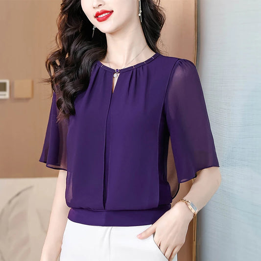 Summer Clothing Half Sleeve Chiffon Blouse 2025 New Fashion Loose Women Tops Solid Color Casual Pullovers Shirt.