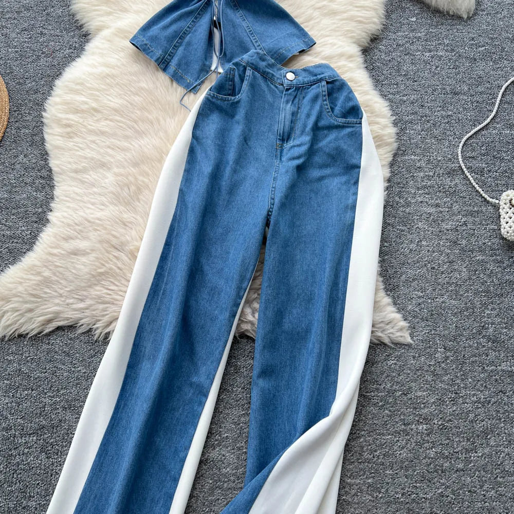 Denim Two Piece Sets Women Jeans Suit Lace Y2k Top Wide Leg Pants Zipper Lace Up Patchwork Trousers Outfits Ensemble Summer 2025.