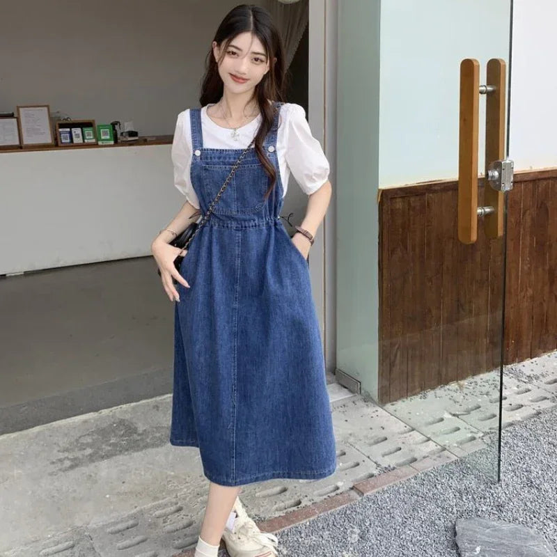2025 Fashion Women Denim Suspender Skirt Spring Summer Causal Strap Female High Waist A-line Solid Lace-up Woman Skirt.