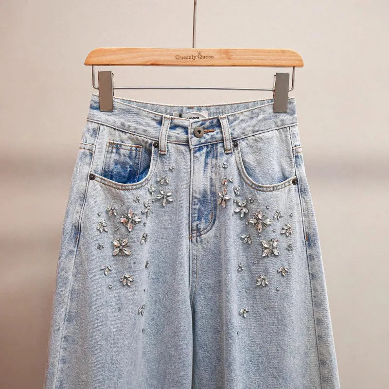 ANJY Autumn Winter Women Fashion Casual Versatile Washed Tide Diamonds Straight Jeans Trend Design Sense High Waist Pants A10636.