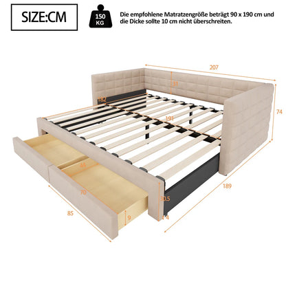 3-in-1 ausziehbares Schlafsofa 90 x 190 cm, Multifunktionsbett mit Schubladen, Einzel-/Doppelbett, Baumwolle und Leinen (Matratze nicht im Lieferumfang enthalten)