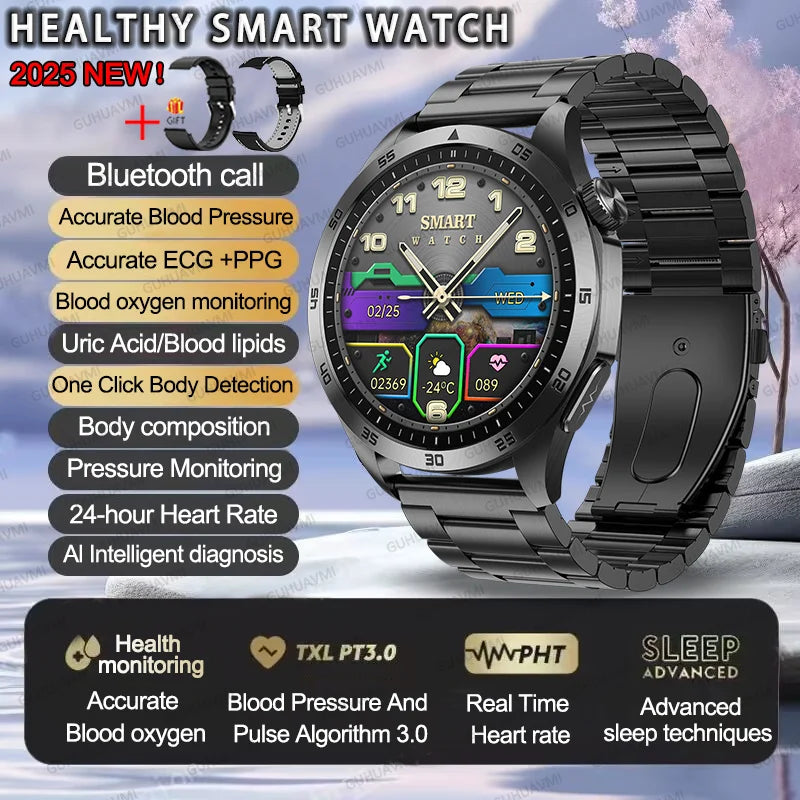 2025New Micro Physical Examination Blood Lipids Uric Acid Blood Pressure Smart Watch ECG+PPG Clock Bluetooth Call Smartwatch Men