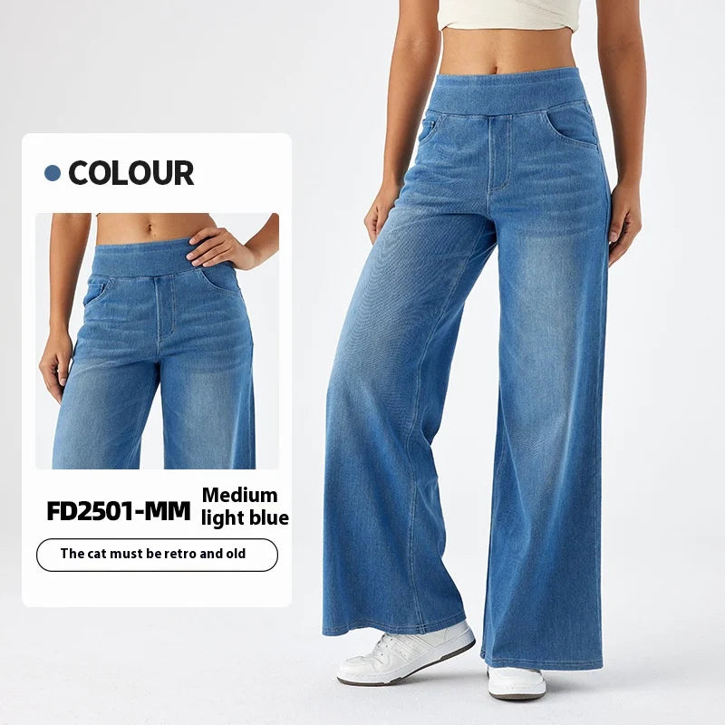 Women's New Large Size Denim Wide-Legged Trousers American High-Waisted Thin Straight Loose Casual Trousers Casual Jeans