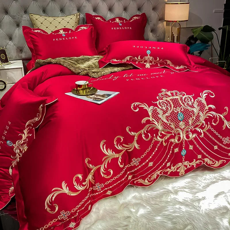 European-Style Bed Sheet Four-Piece Set 100 Cotton High-End Atmospheric Ice Silk Quilt Cover Pure Cotton Bedding
